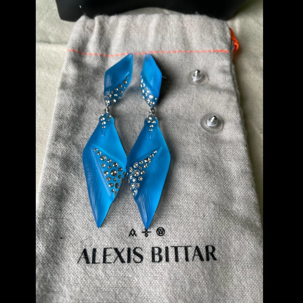 💙 ALEXIS BITTAR 💙 Neon Blue Punk Deco Lucite Crystal Drop Earrings NWT - Picture 6 of 10